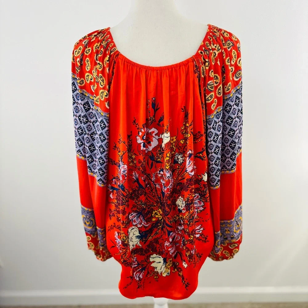 Free People Orange‎ Mixed Floral Paisley Boho Balloon Sleeve Peasant Blouse XS